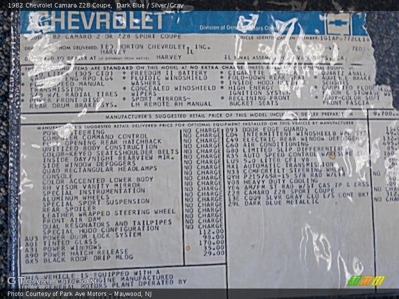  1982 Camaro Z28 Coupe Window Sticker