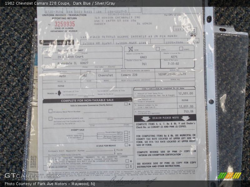 Info Tag of 1982 Camaro Z28 Coupe