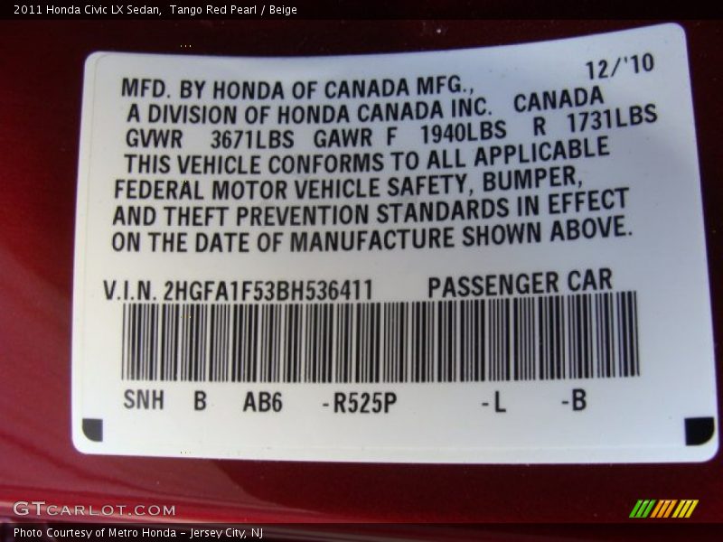 Tango Red Pearl / Beige 2011 Honda Civic LX Sedan