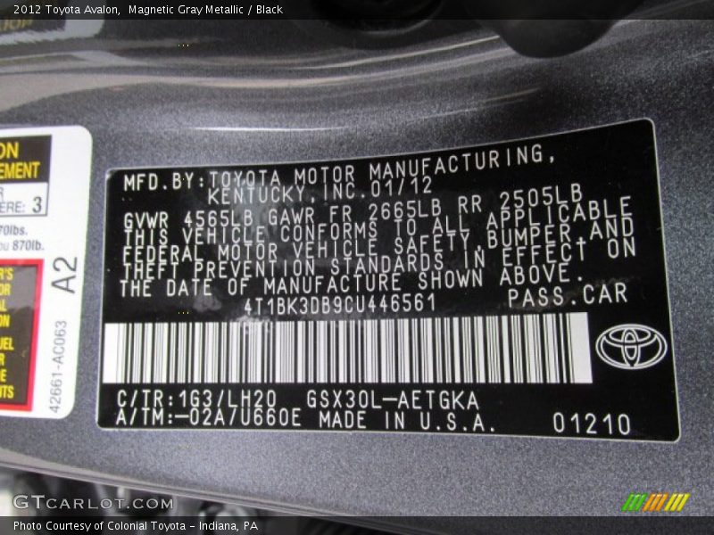 Magnetic Gray Metallic / Black 2012 Toyota Avalon