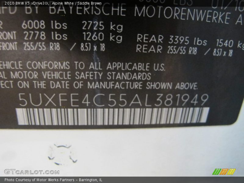 Alpine White / Saddle Brown 2010 BMW X5 xDrive30i