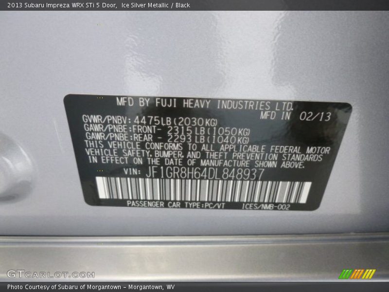 Ice Silver Metallic / Black 2013 Subaru Impreza WRX STi 5 Door