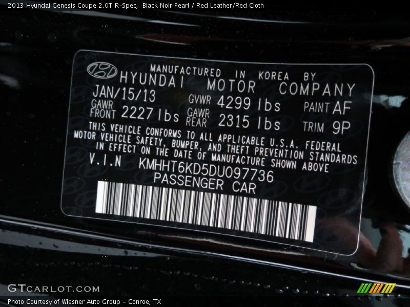 2013 Genesis Coupe 2.0T R-Spec Black Noir Pearl Color Code AF