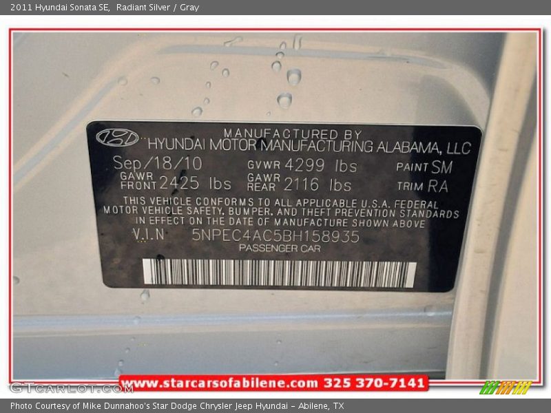Radiant Silver / Gray 2011 Hyundai Sonata SE
