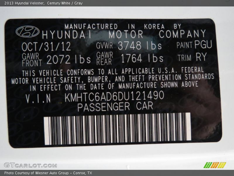 2013 Veloster  Century White Color Code PGU