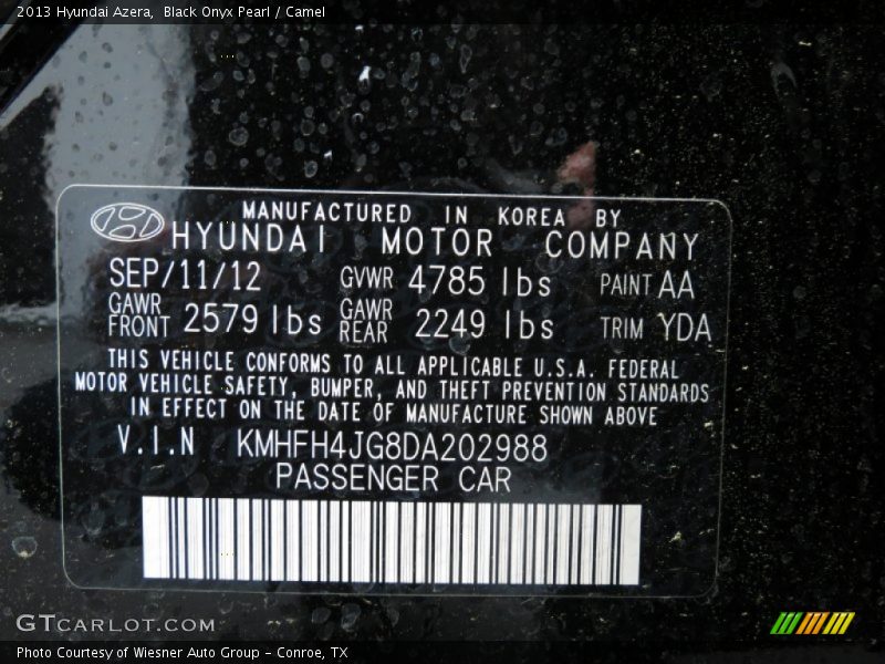 Black Onyx Pearl / Camel 2013 Hyundai Azera