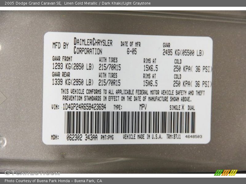 Linen Gold Metallic / Dark Khaki/Light Graystone 2005 Dodge Grand Caravan SE