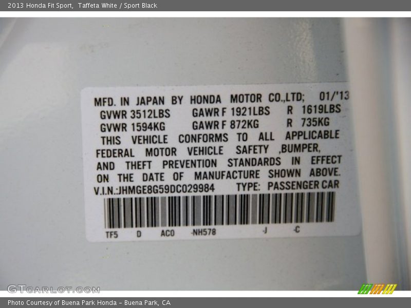 Taffeta White / Sport Black 2013 Honda Fit Sport