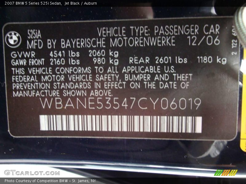 Jet Black / Auburn 2007 BMW 5 Series 525i Sedan