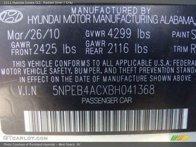 Radiant Silver / Gray 2011 Hyundai Sonata GLS