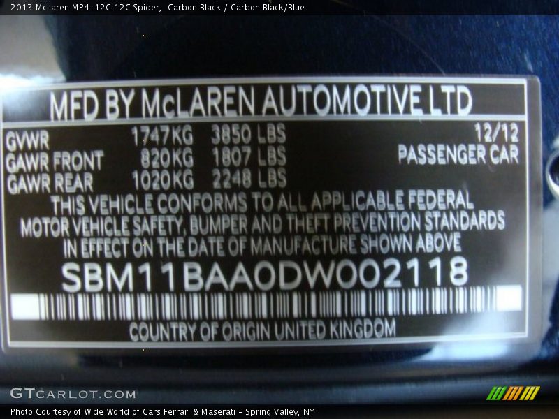 Info Tag of 2013 MP4-12C 12C Spider