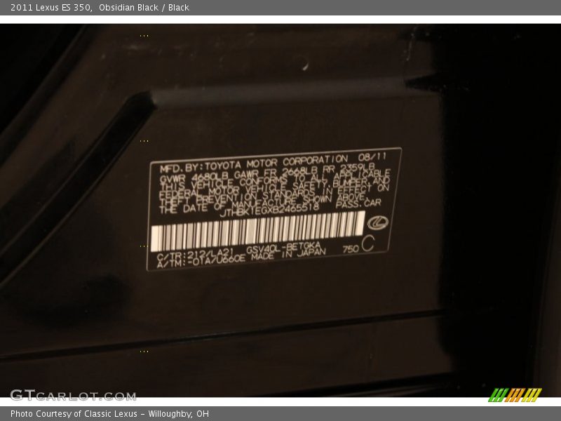 Obsidian Black / Black 2011 Lexus ES 350