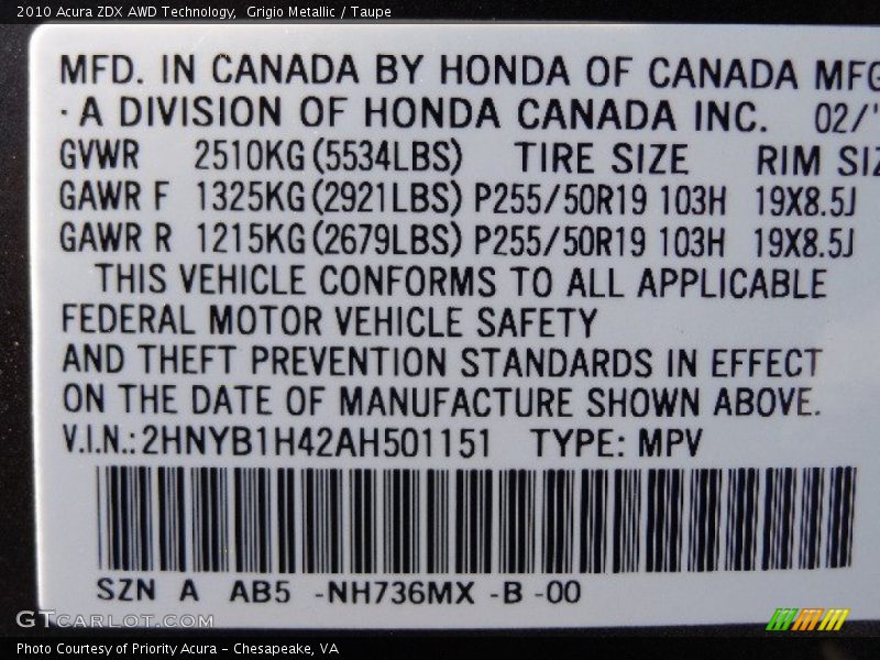 Grigio Metallic / Taupe 2010 Acura ZDX AWD Technology