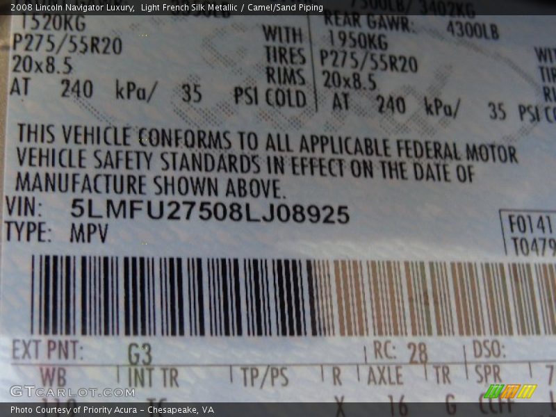 Light French Silk Metallic / Camel/Sand Piping 2008 Lincoln Navigator Luxury