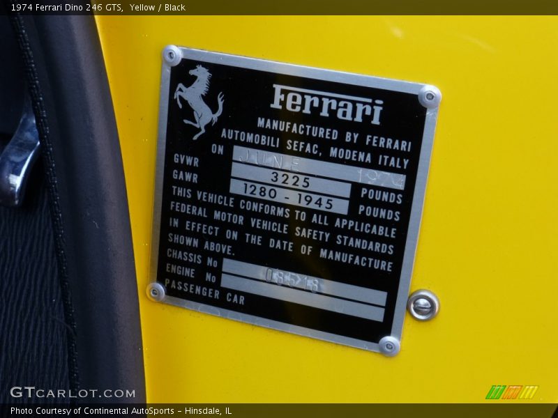 Info Tag of 1974 Dino 246 GTS