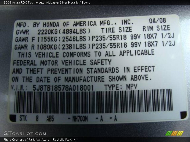 Alabaster Silver Metallic / Ebony 2008 Acura RDX Technology