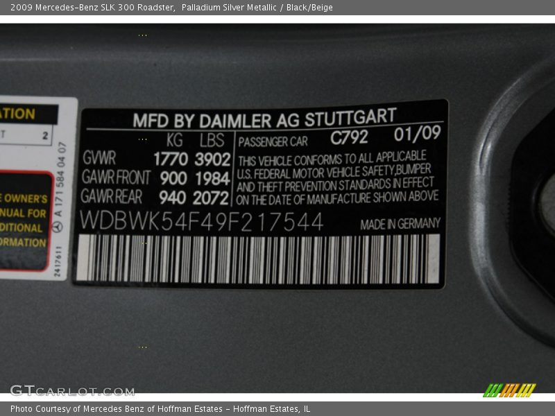 Palladium Silver Metallic / Black/Beige 2009 Mercedes-Benz SLK 300 Roadster