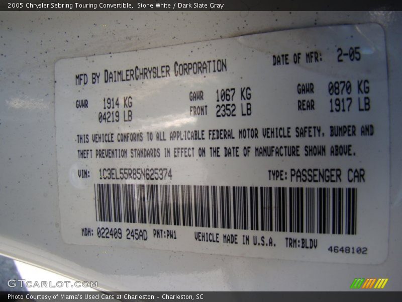 Stone White / Dark Slate Gray 2005 Chrysler Sebring Touring Convertible