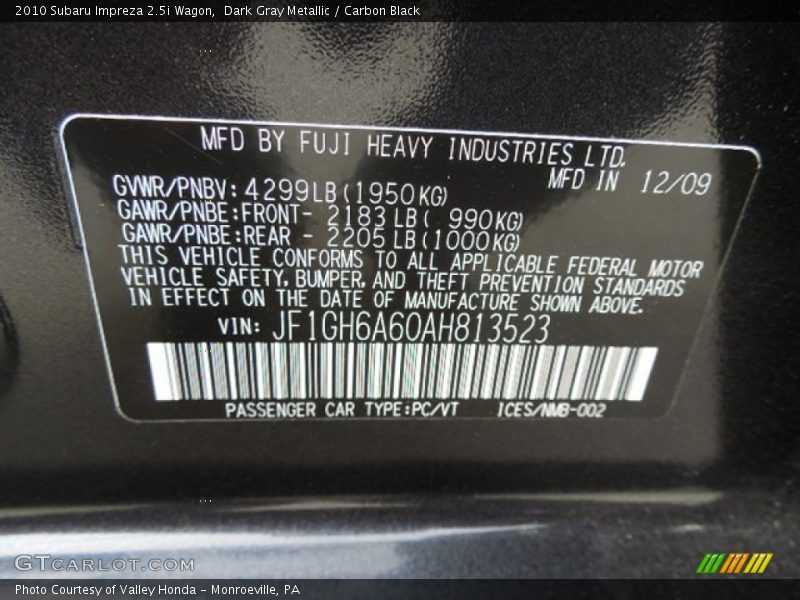 Dark Gray Metallic / Carbon Black 2010 Subaru Impreza 2.5i Wagon