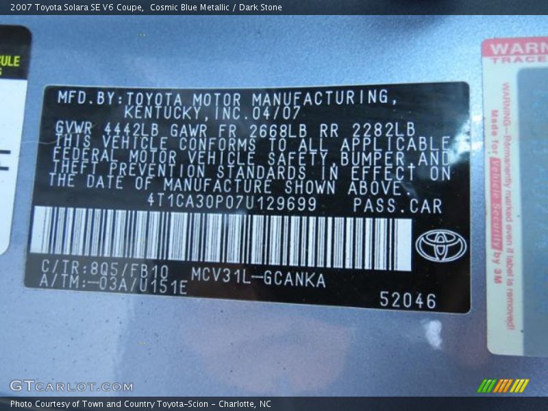 Cosmic Blue Metallic / Dark Stone 2007 Toyota Solara SE V6 Coupe