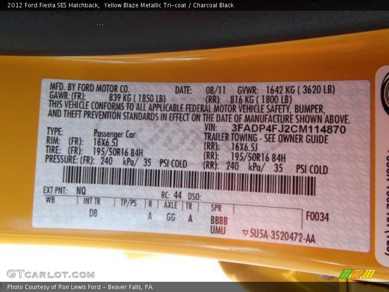 2012 Fiesta SES Hatchback Yellow Blaze Metallic Tri-coat Color Code NQ