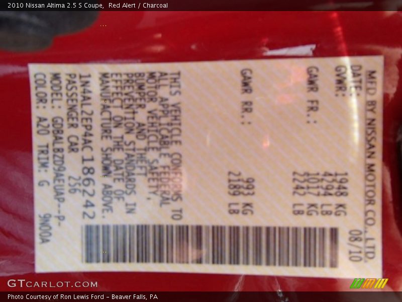 Red Alert / Charcoal 2010 Nissan Altima 2.5 S Coupe