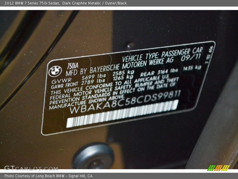 Dark Graphite Metallic / Oyster/Black 2012 BMW 7 Series 750i Sedan