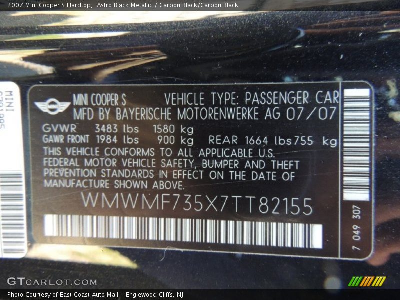 Astro Black Metallic / Carbon Black/Carbon Black 2007 Mini Cooper S Hardtop