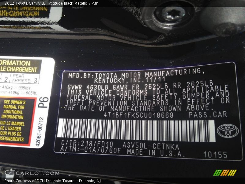 Attitude Black Metallic / Ash 2012 Toyota Camry LE