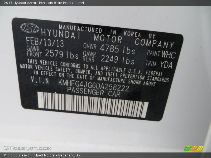 Porcelain White Pearl / Camel 2013 Hyundai Azera