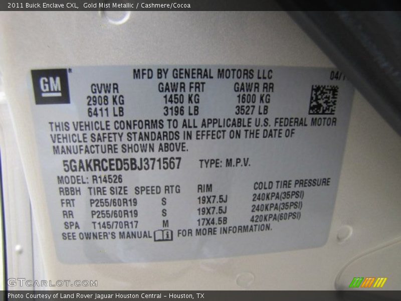 Gold Mist Metallic / Cashmere/Cocoa 2011 Buick Enclave CXL