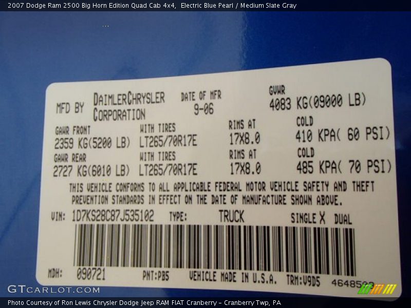 2007 Ram 2500 Big Horn Edition Quad Cab 4x4 Electric Blue Pearl Color Code PB5