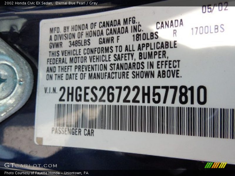 Eternal Blue Pearl / Gray 2002 Honda Civic EX Sedan