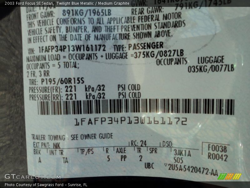 2003 Focus SE Sedan Twilight Blue Metallic Color Code MK