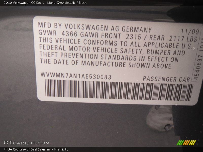 Island Grey Metallic / Black 2010 Volkswagen CC Sport