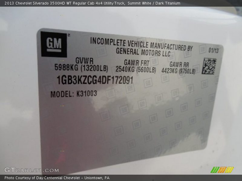 Summit White / Dark Titanium 2013 Chevrolet Silverado 3500HD WT Regular Cab 4x4 Utility Truck