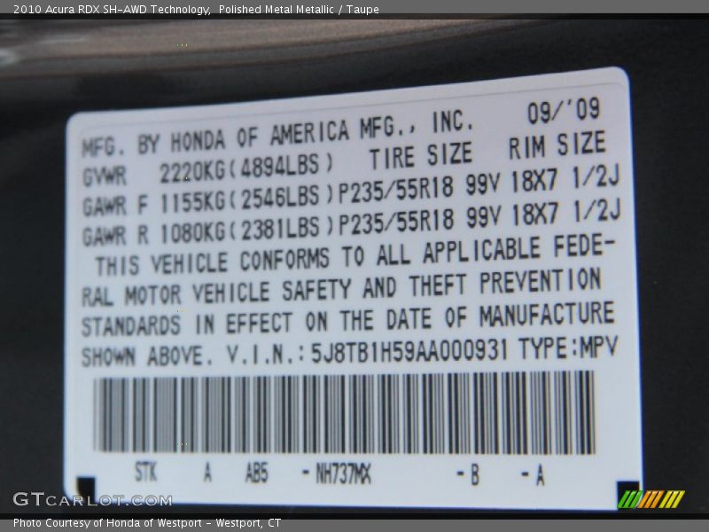 Polished Metal Metallic / Taupe 2010 Acura RDX SH-AWD Technology