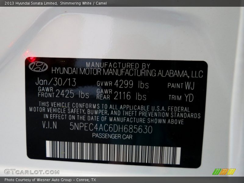 Shimmering White / Camel 2013 Hyundai Sonata Limited