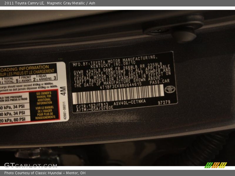 Magnetic Gray Metallic / Ash 2011 Toyota Camry LE