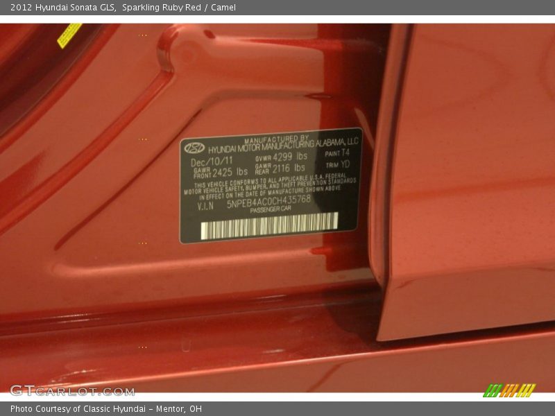 Sparkling Ruby Red / Camel 2012 Hyundai Sonata GLS