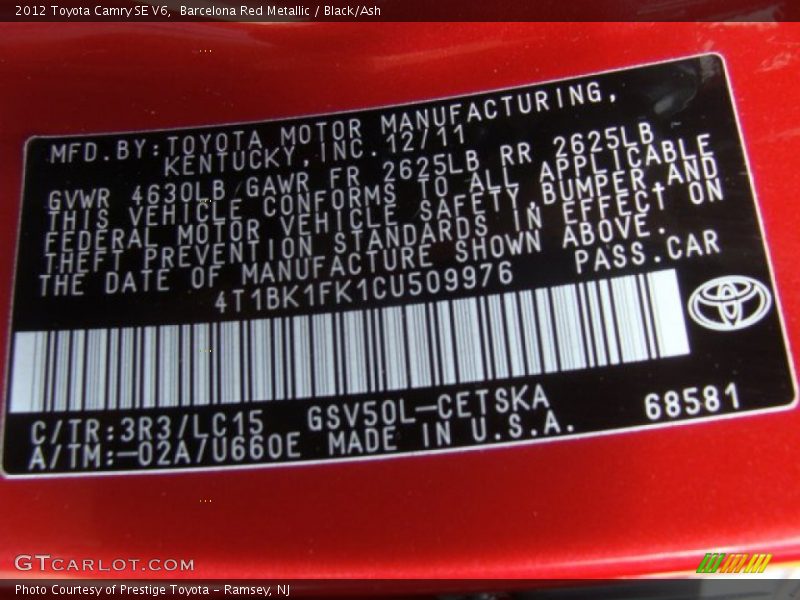Barcelona Red Metallic / Black/Ash 2012 Toyota Camry SE V6