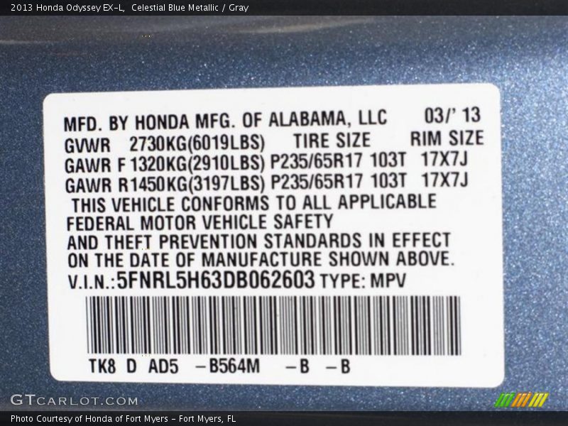 Celestial Blue Metallic / Gray 2013 Honda Odyssey EX-L