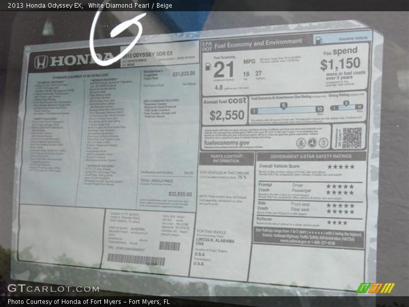 White Diamond Pearl / Beige 2013 Honda Odyssey EX