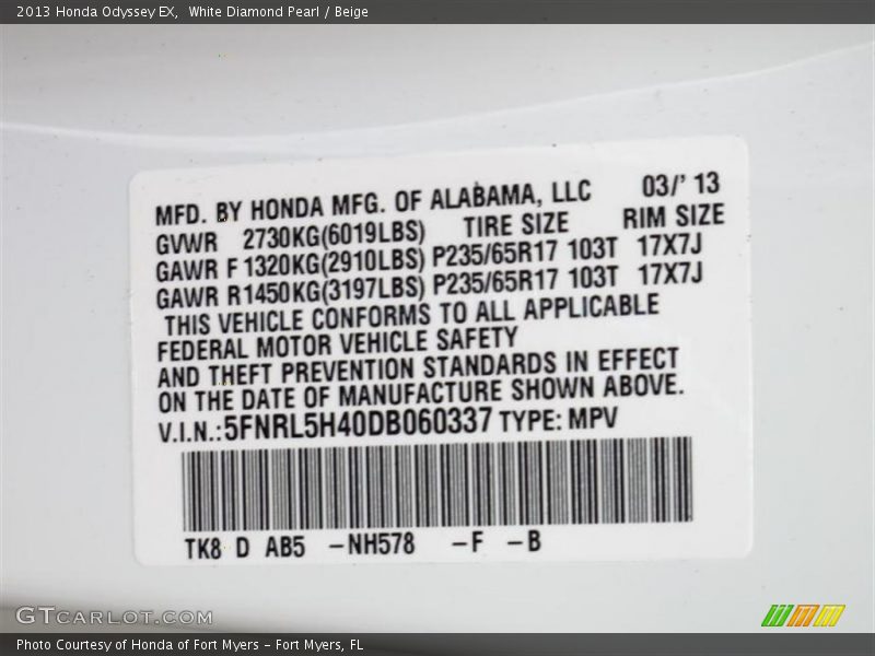 White Diamond Pearl / Beige 2013 Honda Odyssey EX