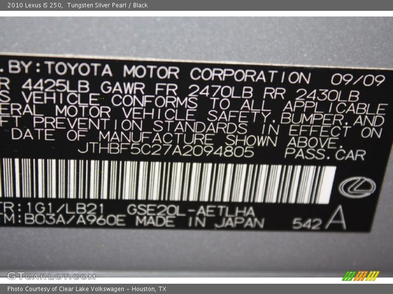 Tungsten Silver Pearl / Black 2010 Lexus IS 250