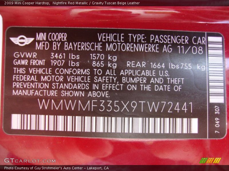 Nightfire Red Metallic / Gravity Tuscan Beige Leather 2009 Mini Cooper Hardtop