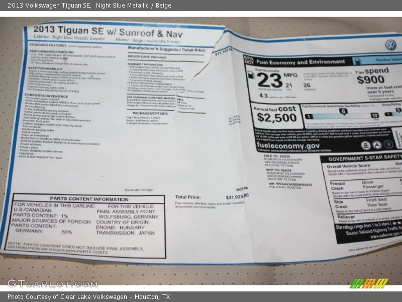 Night Blue Metallic / Beige 2013 Volkswagen Tiguan SE
