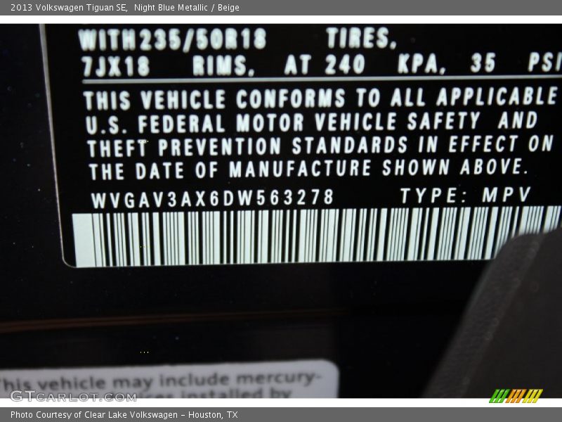 Night Blue Metallic / Beige 2013 Volkswagen Tiguan SE