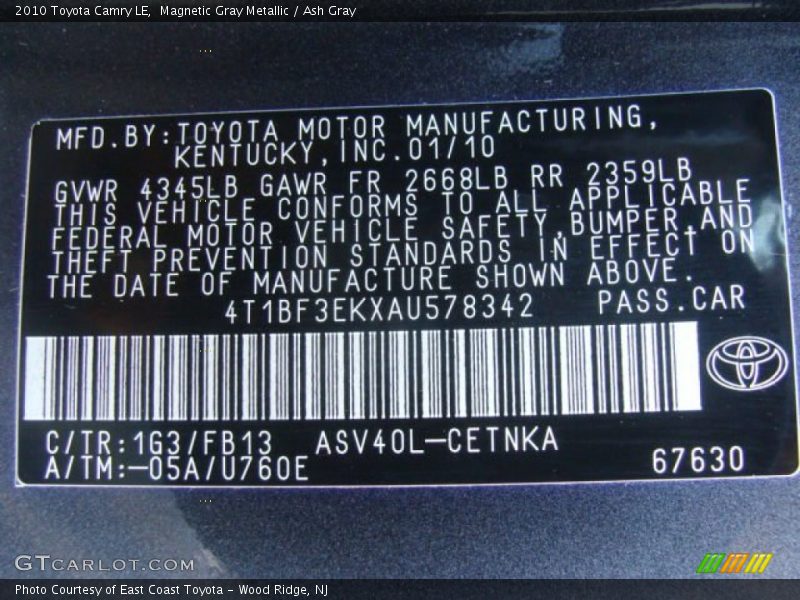 Magnetic Gray Metallic / Ash Gray 2010 Toyota Camry LE