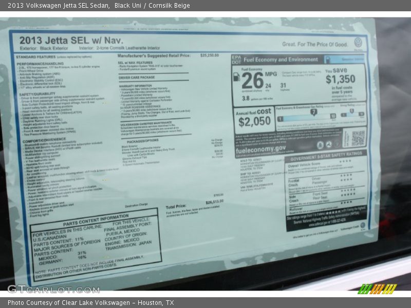 Black Uni / Cornsilk Beige 2013 Volkswagen Jetta SEL Sedan